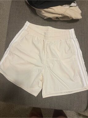 adidas Cream-White Three-Stripe Athletic Shorts